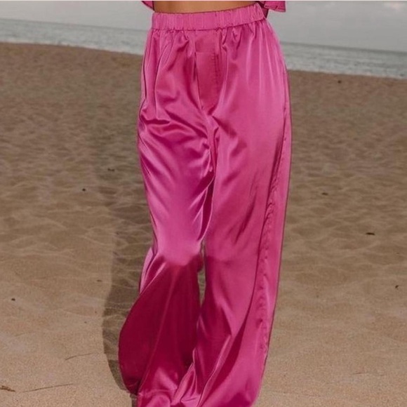 Satin Pink Wide-Leg Pants - Picture 1 of 1